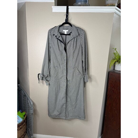 H&M Women's Houndstooth Trench Coat Size 6 Black long coat‎ button up collared - Picture 2 of 6